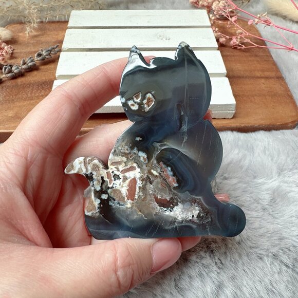 Beautiful Agate with Druzy Cat Carving - Picture 2 of 8
